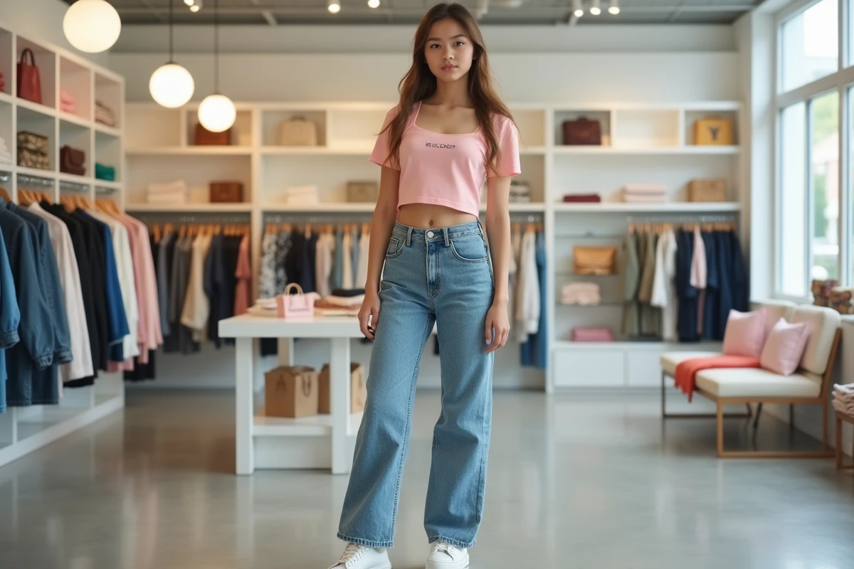 Adolescente stylée en tenue tendance parcourant les rayons d'une boutique de mode jeune