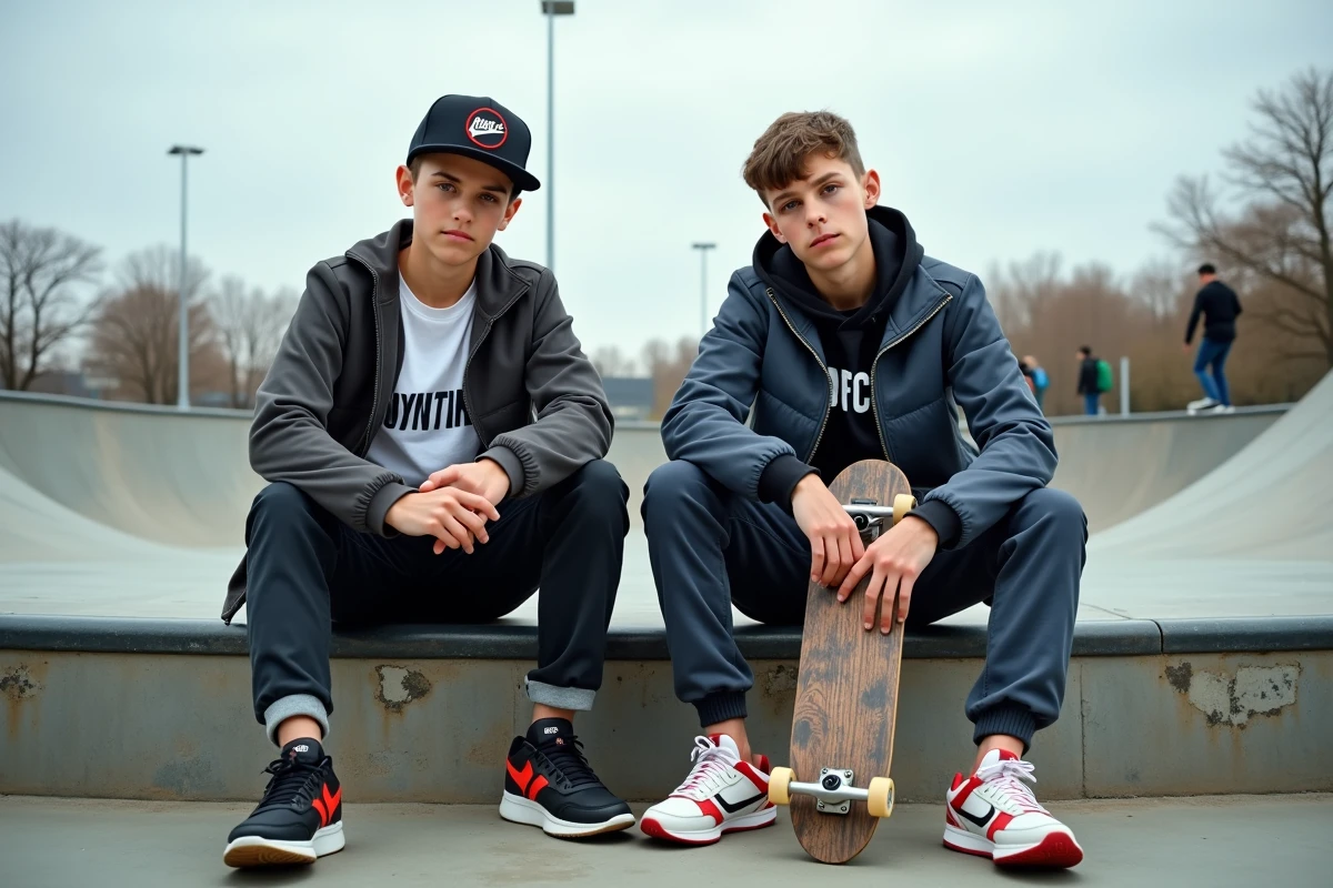 Deux adolescents en vêtements de marque tendance assis dans un skatepark urbain avec une planche de skateboard