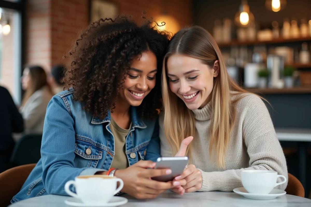 Deux amies comparant des produits de beauté sur une application de shopping en ligne dans un café