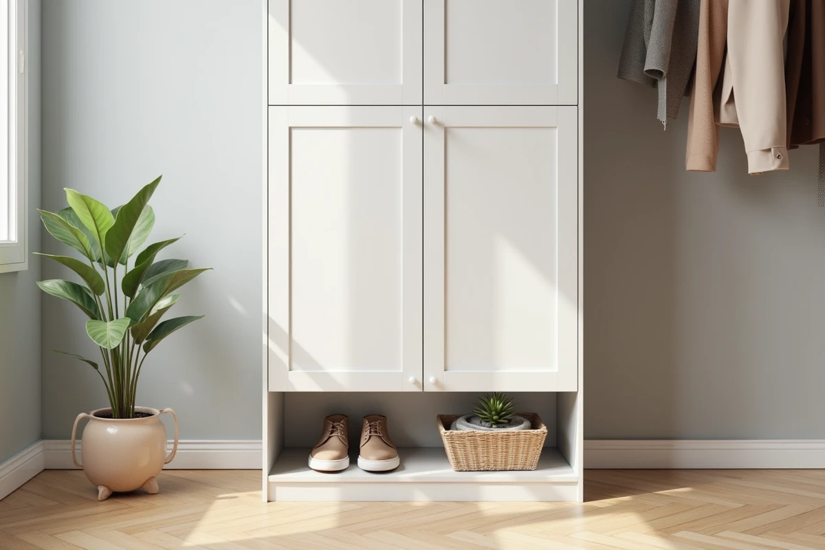 Armoire de rangement en plastique blanche dans une entrée de maison moderne avec parquet en chêne et décoration minimaliste