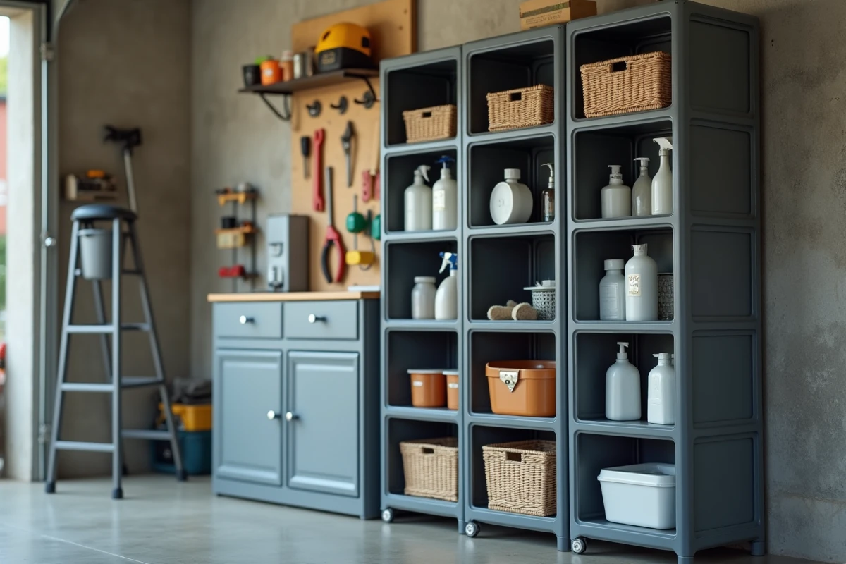 Armoire de rangement en plastique grise avec étagères modulables dans un garage organisé avec produits ménagers