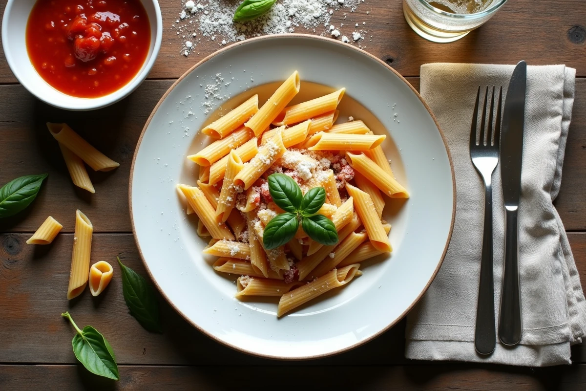 Vue de dessus d'une assiette de pâtes maison avec sauce tomate et basilic sur une table en bois rustique