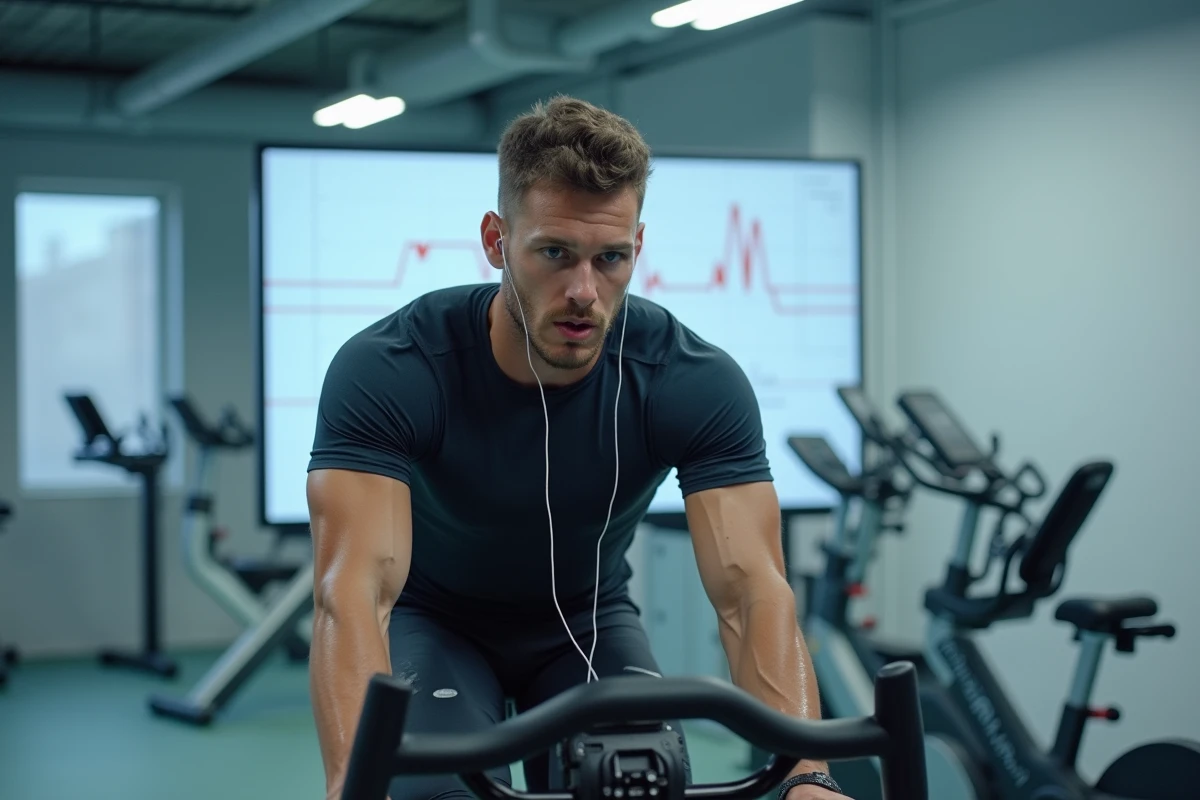 Athlète masculin sur vélo ergométrique dans un laboratoire de performance sportive mesurant le VO2 max