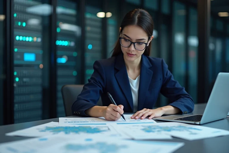 Professionnelle en informatique analysant des rapports d'audit réseau dans une salle de conférence d'entreprise
