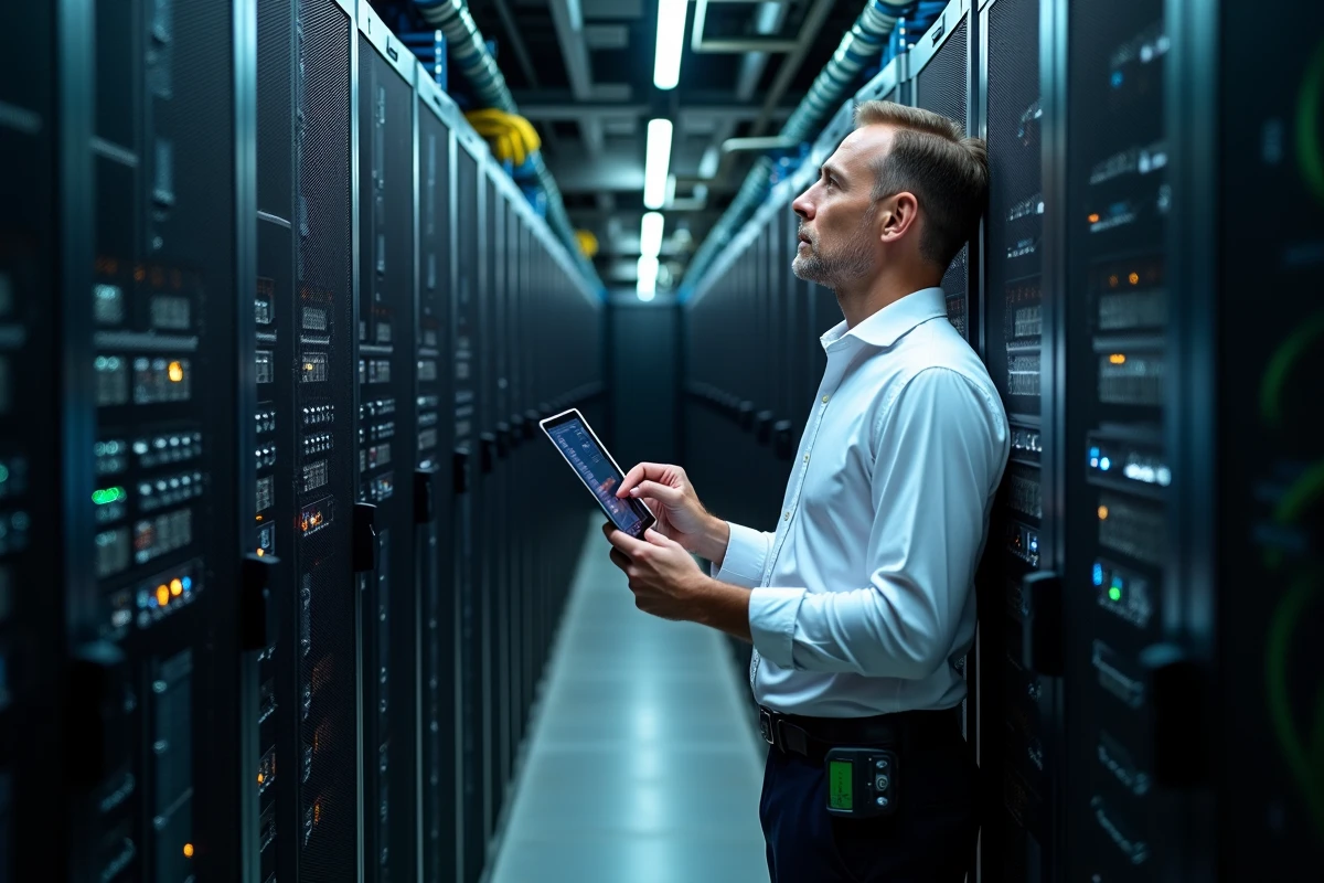Technicien informatique effectuant un audit physique d'une salle de serveurs en entreprise