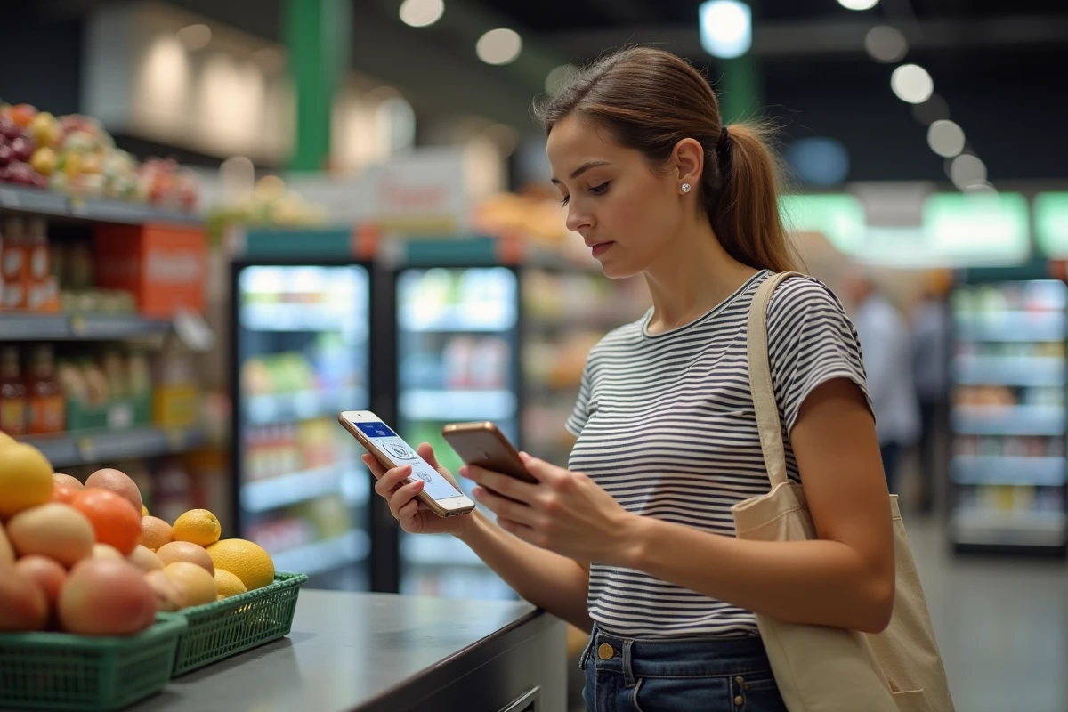 Femme consultant une application de cashback sur son téléphone lors de ses courses en supermarché pour optimiser ses dépenses courantes
