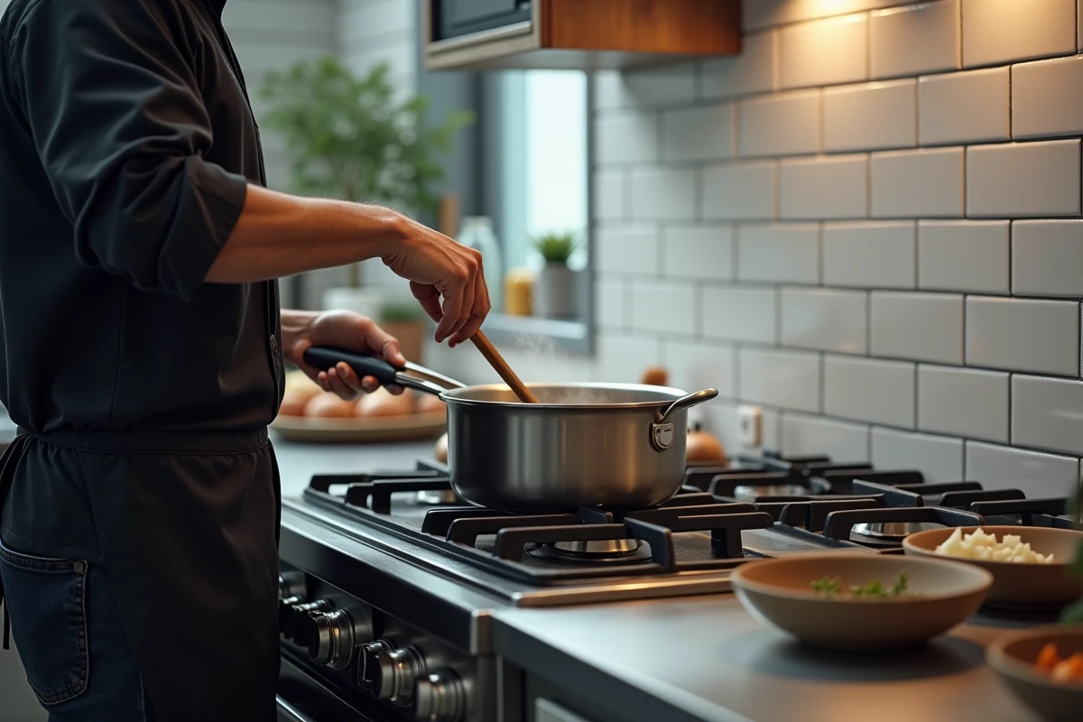 Chef amateur masculin remuant une casserole sur un feu avec des épices et herbes fraîches en mise en place