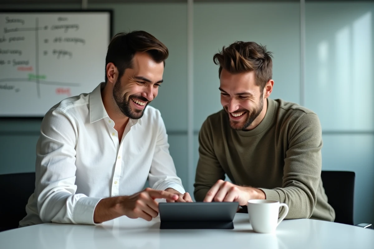 Deux professionnels collaborant sur des outils numériques pour développer leur présence en ligne lors d'une réunion