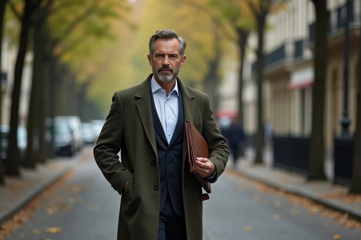 Homme élégant marchant dans une rue parisienne pavée, évoquant discrétion et influence dans l'entourage d'une personnalité publique