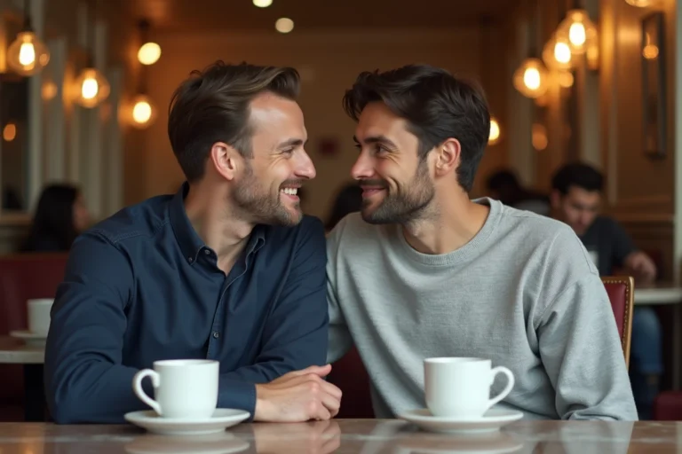 Deux hommes complices attablés dans un café parisien, illustrant une relation de confiance et d'influence discrète
