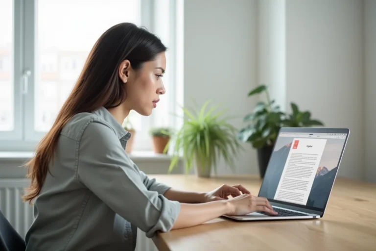 Femme travaillant sur MacBook Pro pour convertir un document Pages en PDF dans un bureau moderne