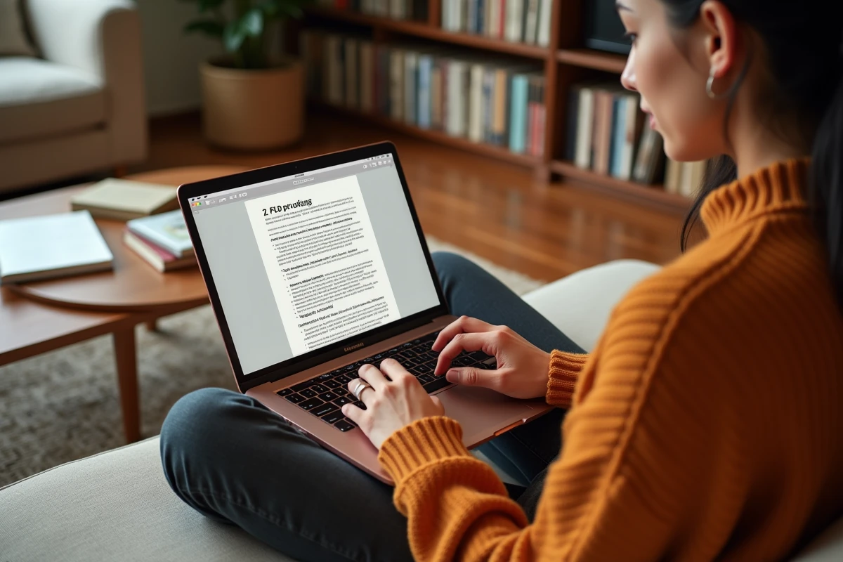 Jeune femme convertissant un document Pages en PDF sur MacBook Air depuis son salon à domicile
