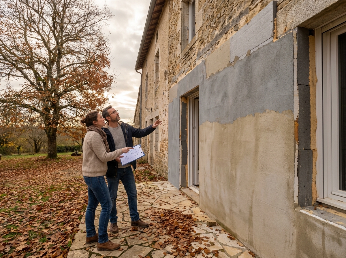 Couple devant leur maison en cours d'isolation extérieure financée par la prime rénov