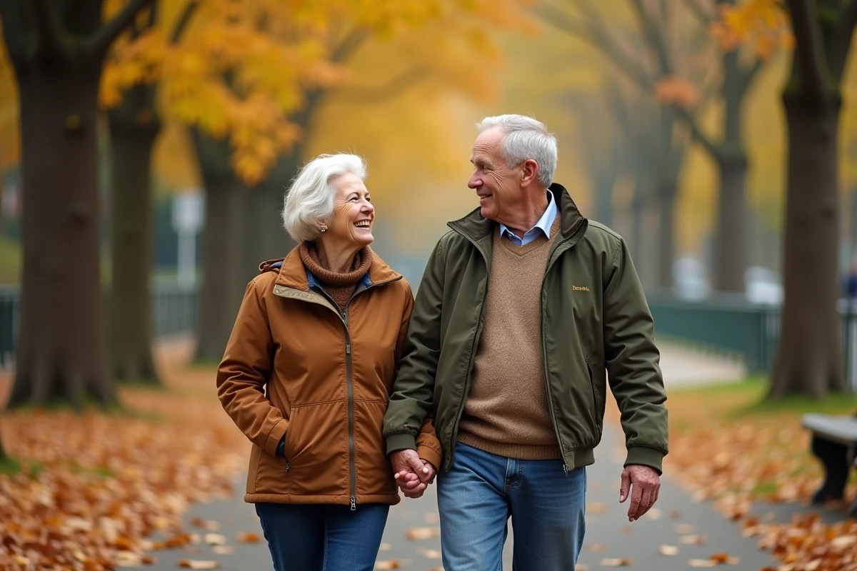 Couple de retraités se promenant main dans la main dans un parc en automne, symbolisant une retraite sereine et épanouie