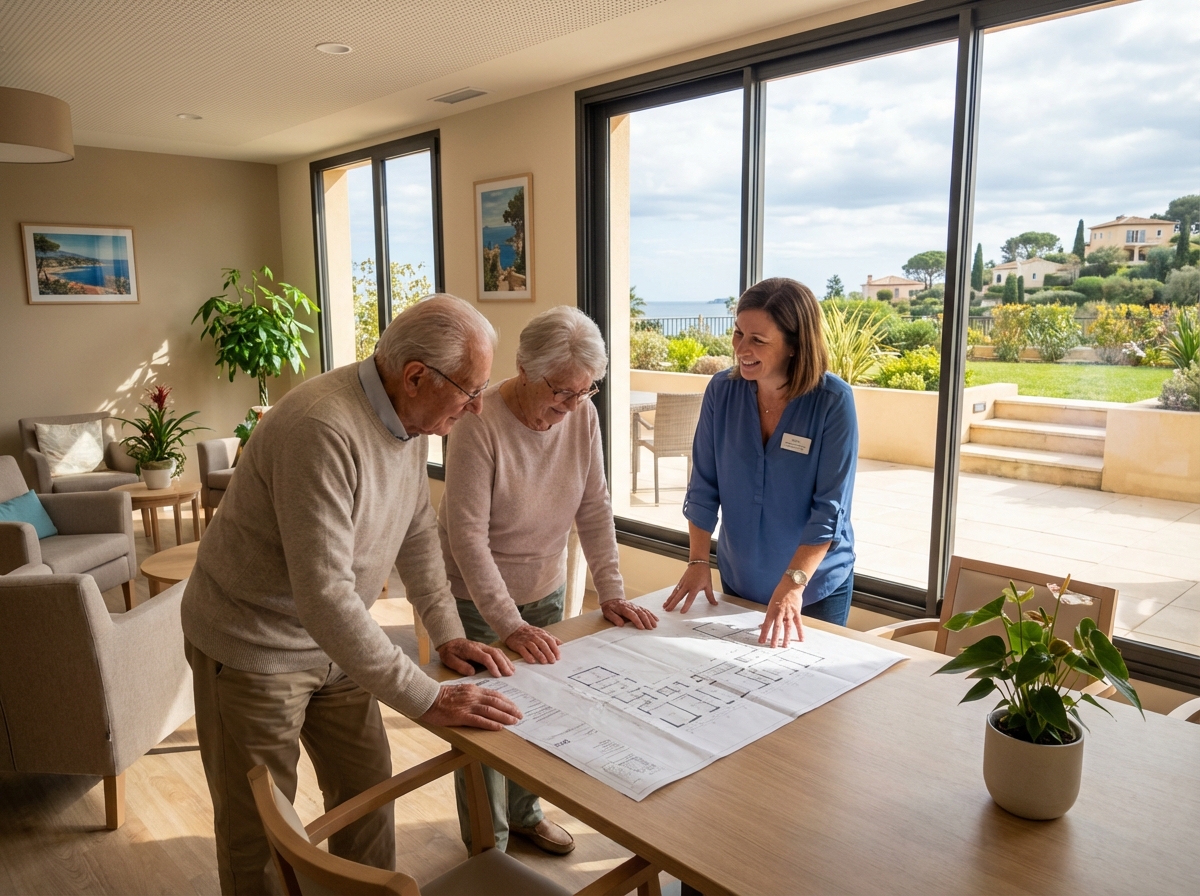Couple senior discutant avec une employe dans un espace interieur