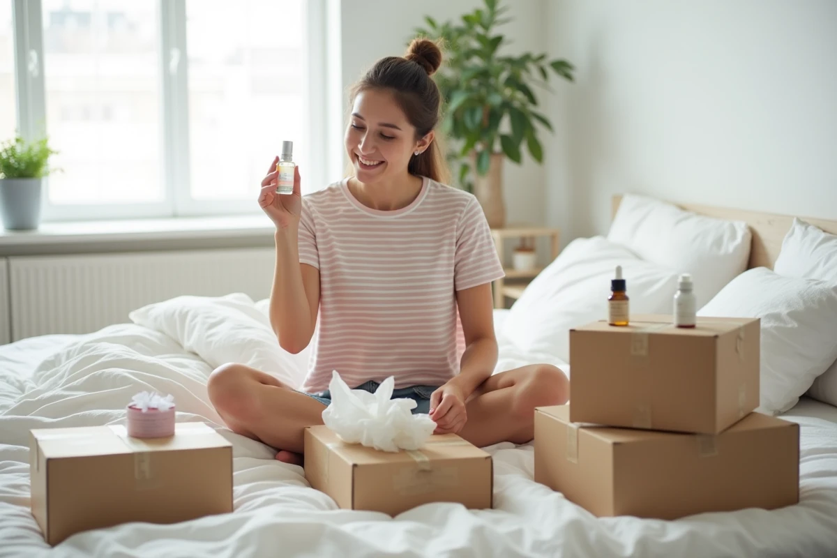 Femme déballant des produits de beauté commandés en ligne sur son lit entouré d'emballages