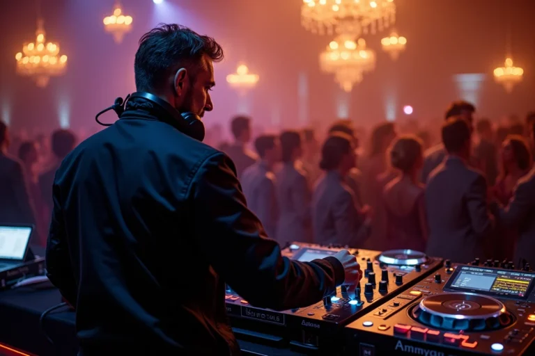 DJ professionnel derrière une console lors d'une soirée privée haut de gamme