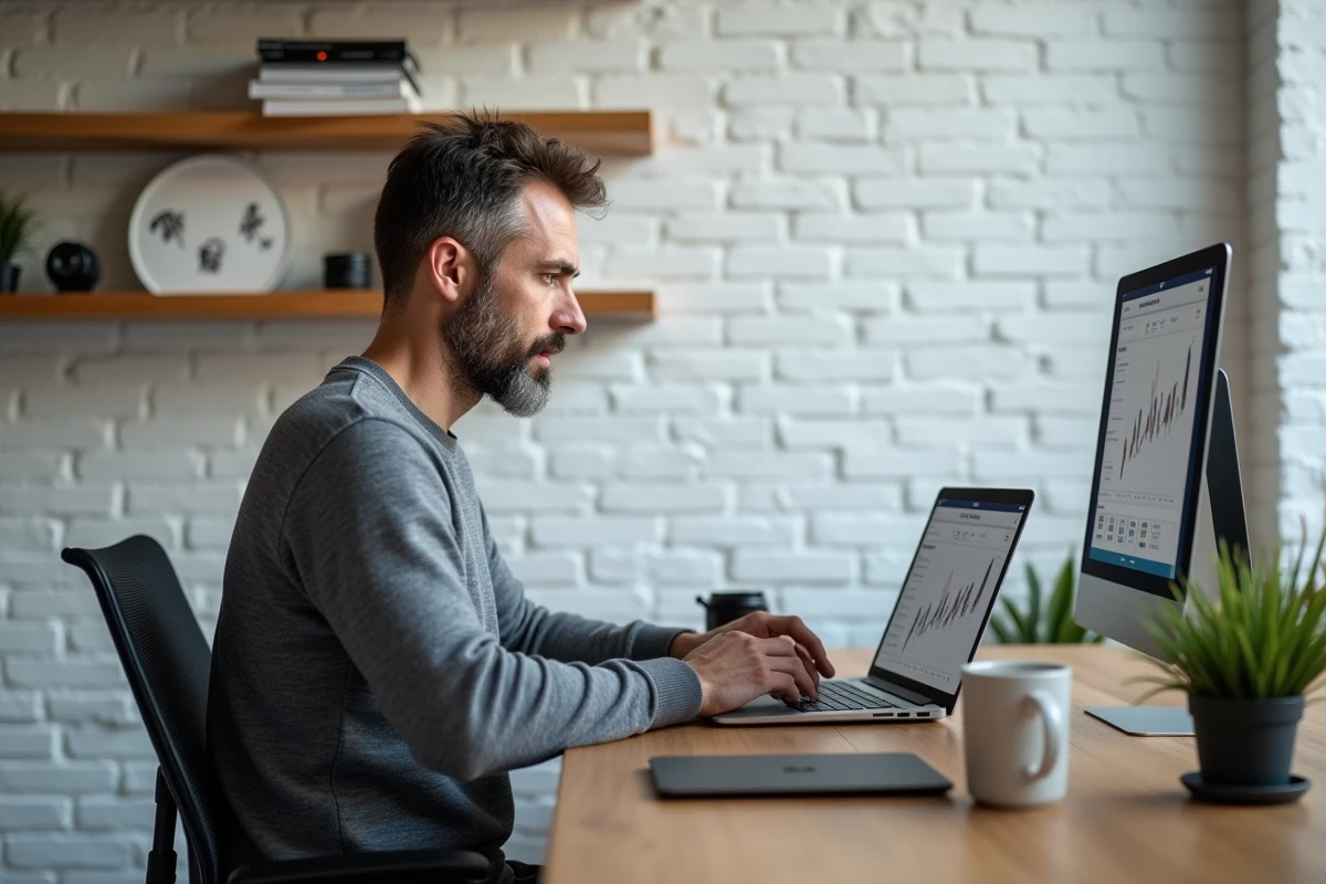 Entrepreneur freelance travaillant sur une stratégie de marketing digital et d'identité de marque en ligne depuis son bureau à domicile