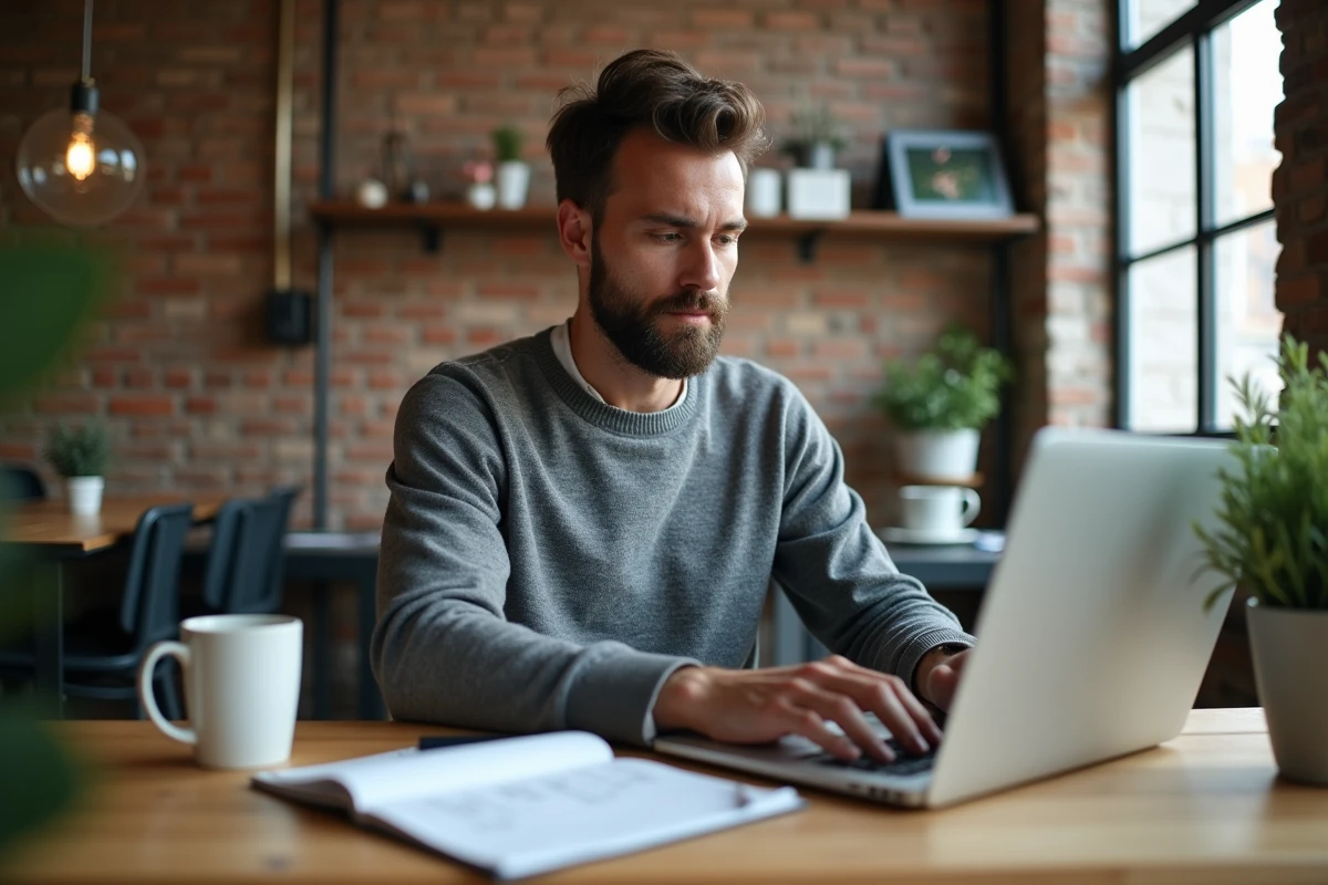 Entrepreneur concentré travaillant sur son ordinateur portable dans un bureau de startup pour faire croître son activité