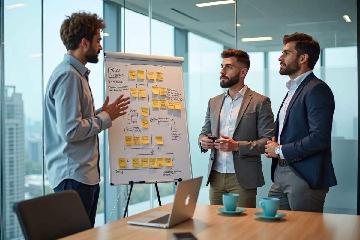 Équipe d'agence marketing collaborant autour d'un tableau blanc avec une stratégie de présence en ligne
