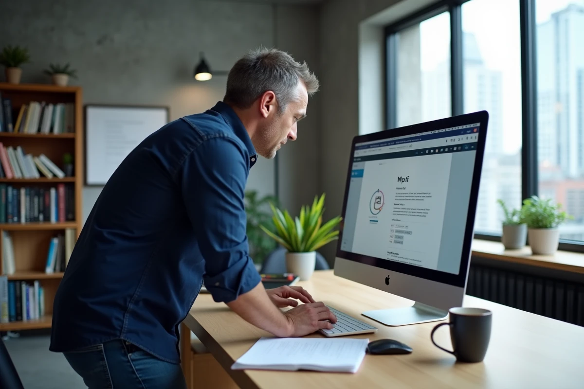Homme utilisant un iMac pour exporter un fichier Pages au format PDF dans un bureau professionnel