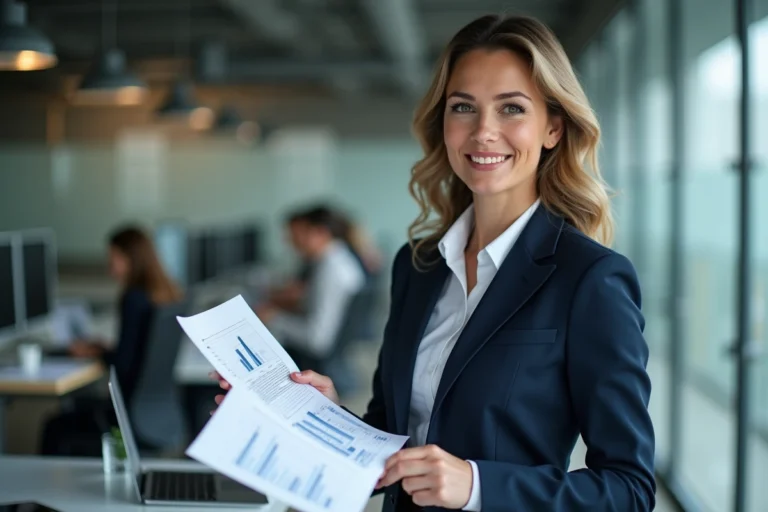Femme d'affaires analysant des graphiques de croissance pour développer son entreprise dans un bureau moderne