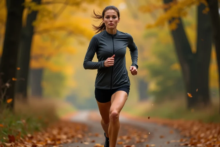 Femme coureuse sur sentier forestier en automne pour améliorer son endurance et son VO2 max