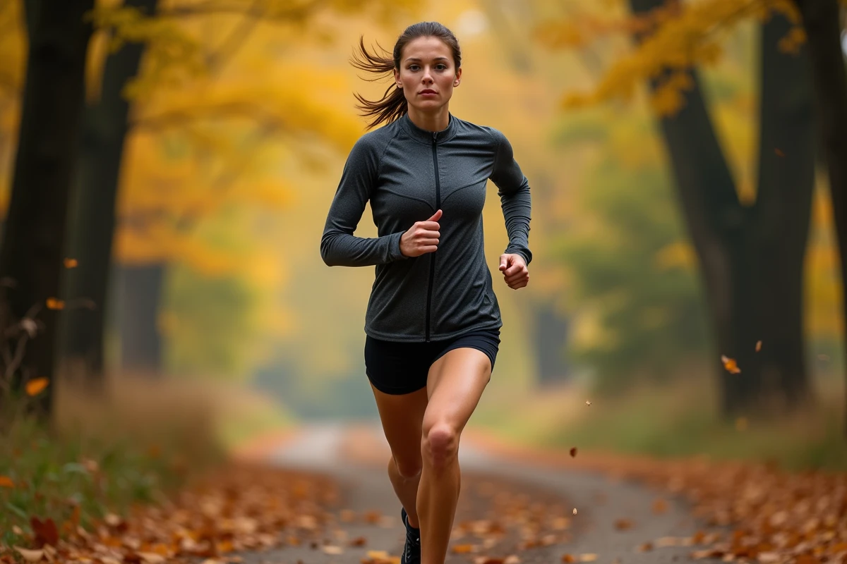 Femme coureuse sur sentier forestier en automne pour améliorer son endurance et son VO2 max