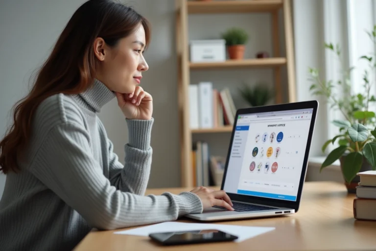 Femme utilisant un outil de création de site web sur son ordinateur portable dans un bureau moderne et épuré