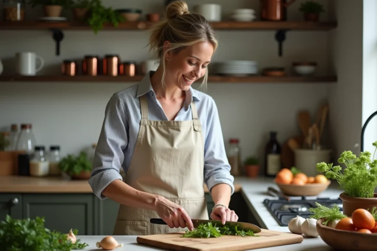 Femme préparant des légumes frais sur une planche en bois dans une cuisine maison authentique