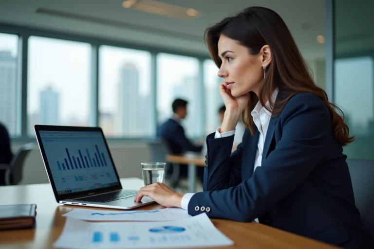 Femme professionnelle analysant des documents de gestion financière sur un ordinateur portable dans un bureau moderne