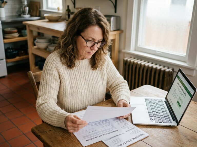 Femme consultant des dossiers de prime rénov à la maison pour réduire sa facture de chauffage