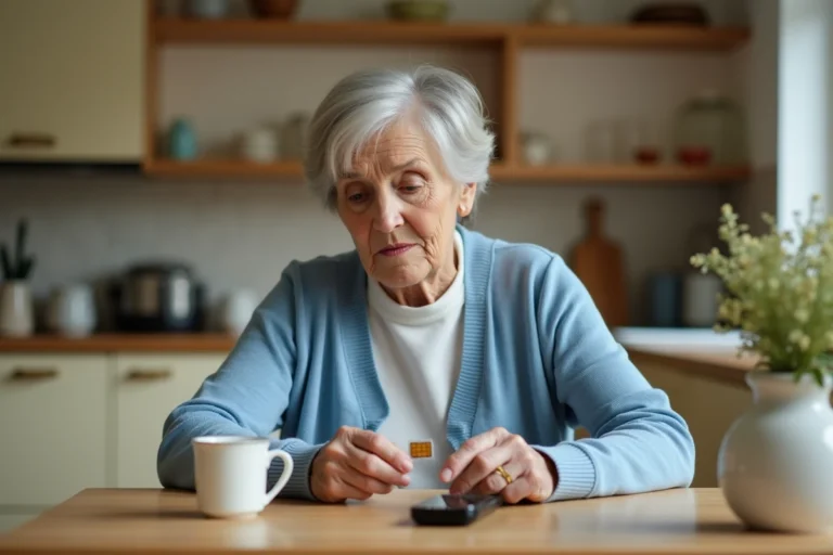Une femme senior examine une carte SIM compatible avec un téléphone Doro posé sur une table de cuisine en bois