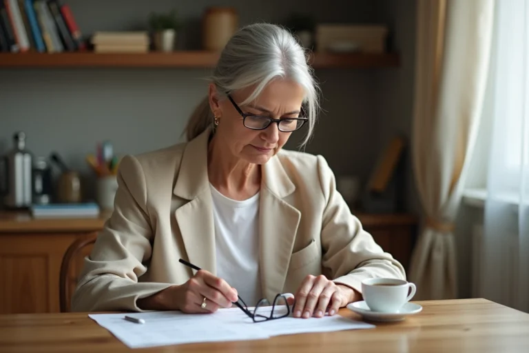 Femme senior de 60 ans qui consulte des documents de retraite à son bureau à domicile, lunettes sur le nez et tasse de thé à côté