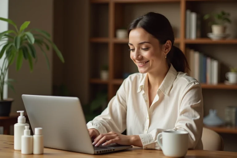 Femme parcourant des produits de beauté en ligne sur son ordinateur portable depuis son bureau à domicile