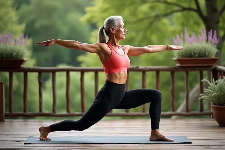 Femme de 55 ans pratiquant le yoga sur une terrasse en bois entourée de verdure, illustrant un mode de vie actif et épanoui après 50 ans