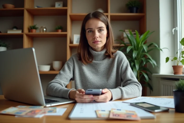 Femme assise à un bureau moderne entourée d'euros et d'un ordinateur portable, illustrant le thème de gagner 7000 euros rapidement et légalement en 2024