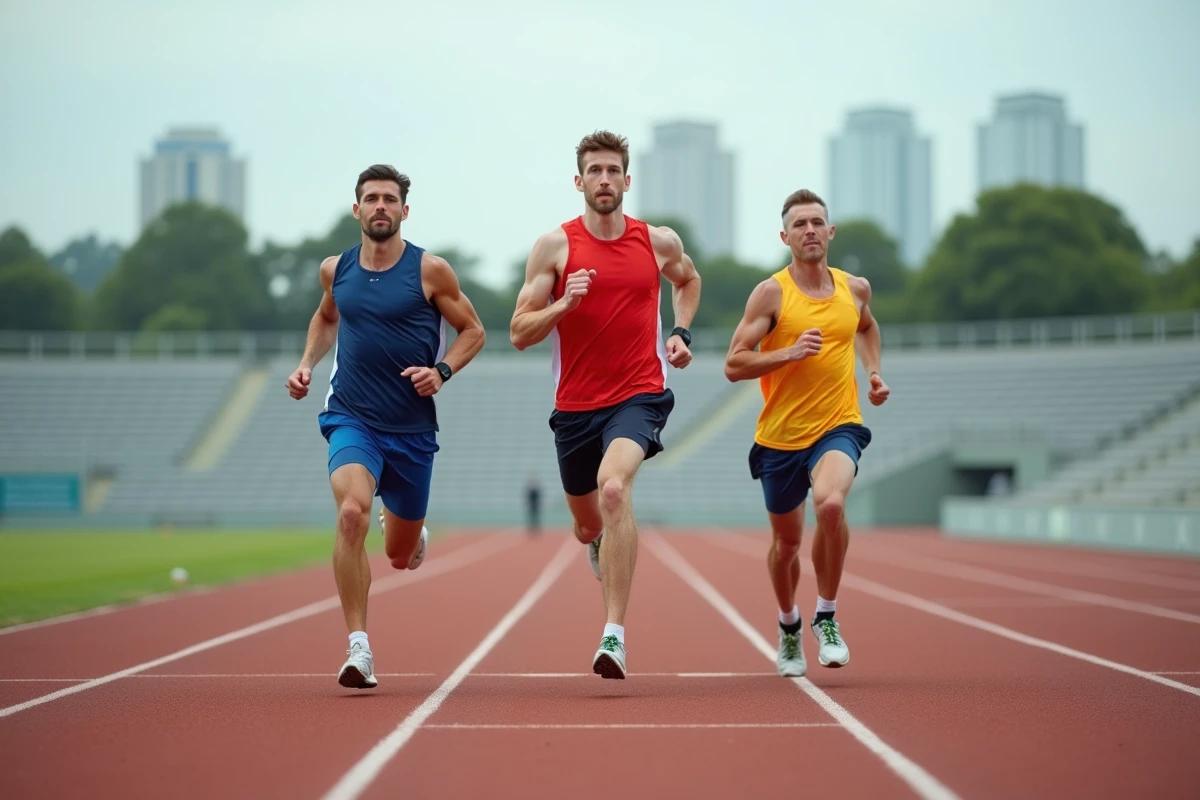 Groupe de coureurs effectuant un entraînement par intervalles sur une piste d'athlétisme pour booster leur endurance
