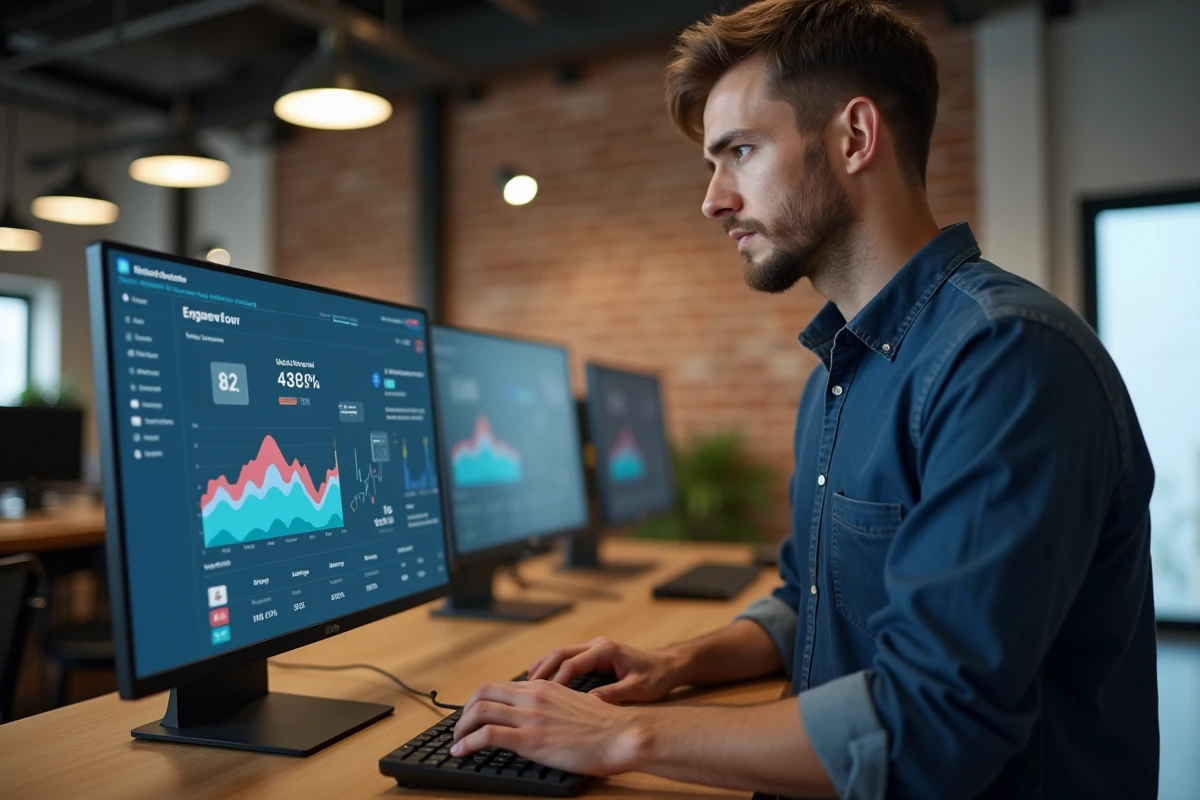 Homme analysant des statistiques de présence en ligne sur un grand écran dans un espace de coworking