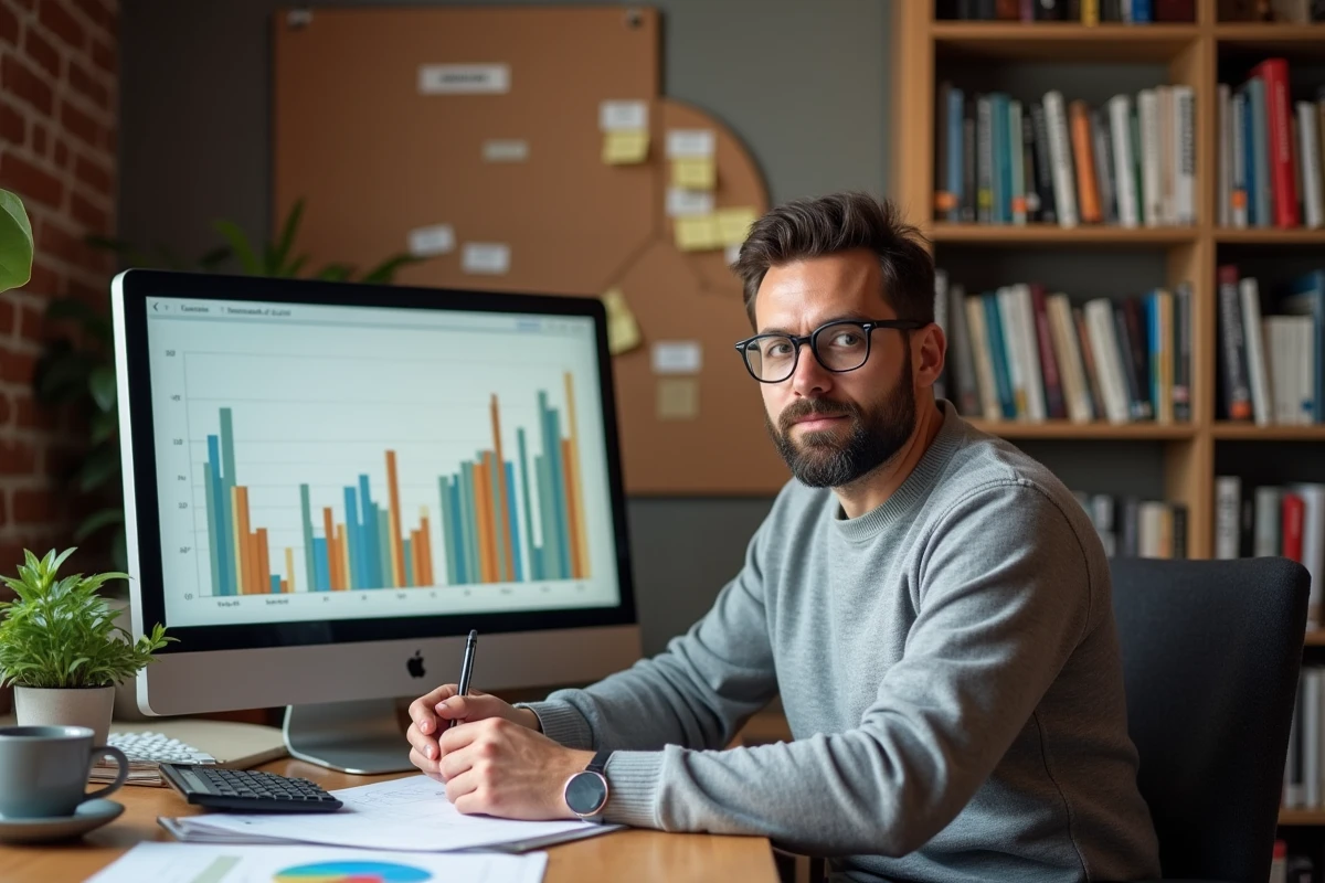 Homme travaillant sur des rapports financiers et des graphiques dans un bureau à domicile chaleureux