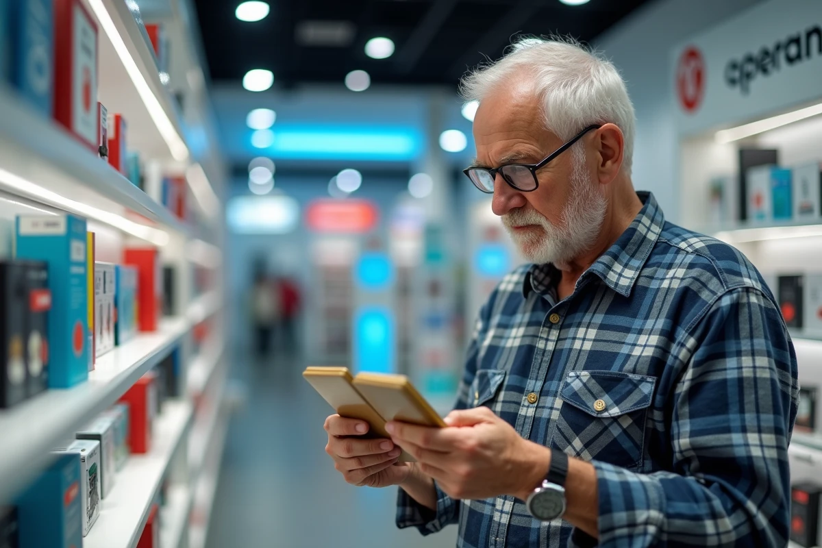 Un homme senior compare des forfaits de carte SIM dans une boutique de téléphonie mobile pour choisir celle compatible avec son Doro