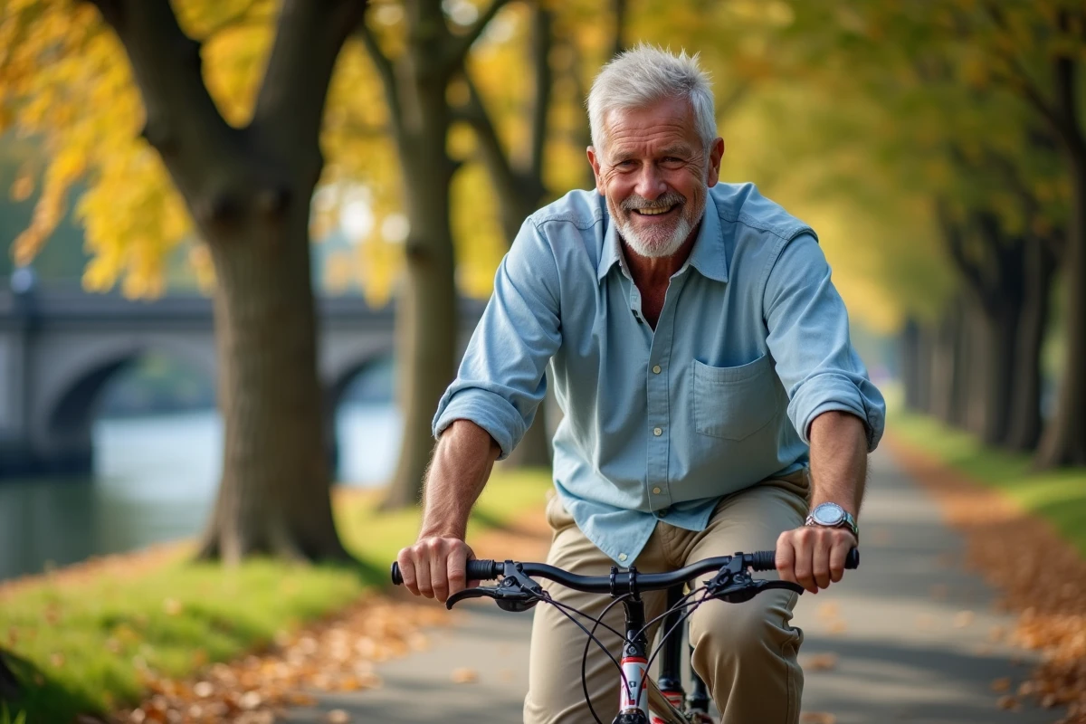 Homme de 60 ans souriant à vélo sur un chemin longeant une rivière en automne, symbole de dynamisme et de vitalité après 50 ans