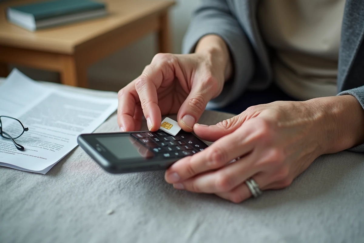 Mains d'une personne âgée insérant une carte SIM dans le tiroir d'un téléphone Doro pour seniors posé sur une nappe en lin