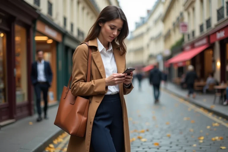 Femme élégante en trench coat camel et pantalon marine dans une rue parisienne en automne, style mode quotidien