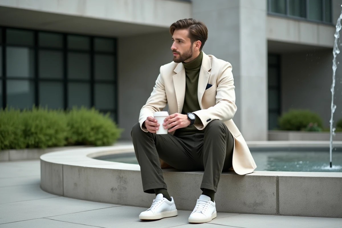 Homme stylé en blazer lin écru et col roulé olive assis sur une fontaine urbaine, inspiration mode masculine contemporaine