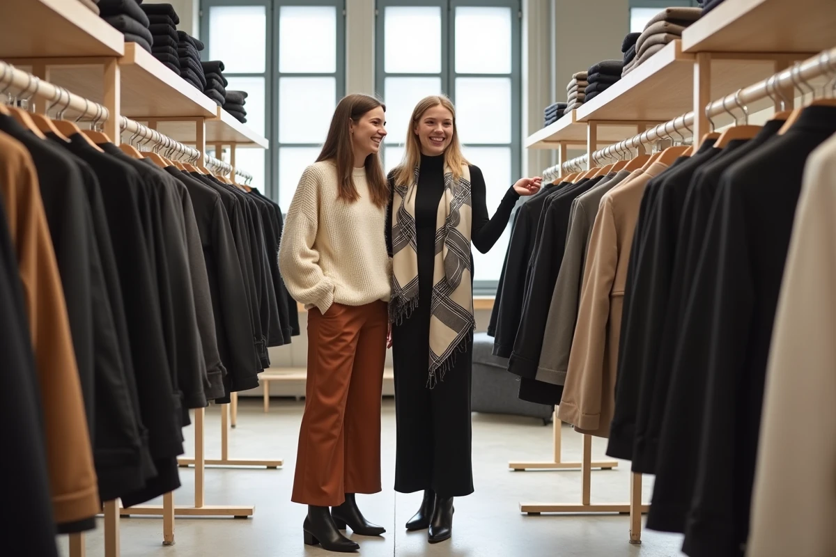 Deux femmes riant ensemble dans un concept store minimaliste, essayant des vêtements tendance aux tons naturels et monochromes