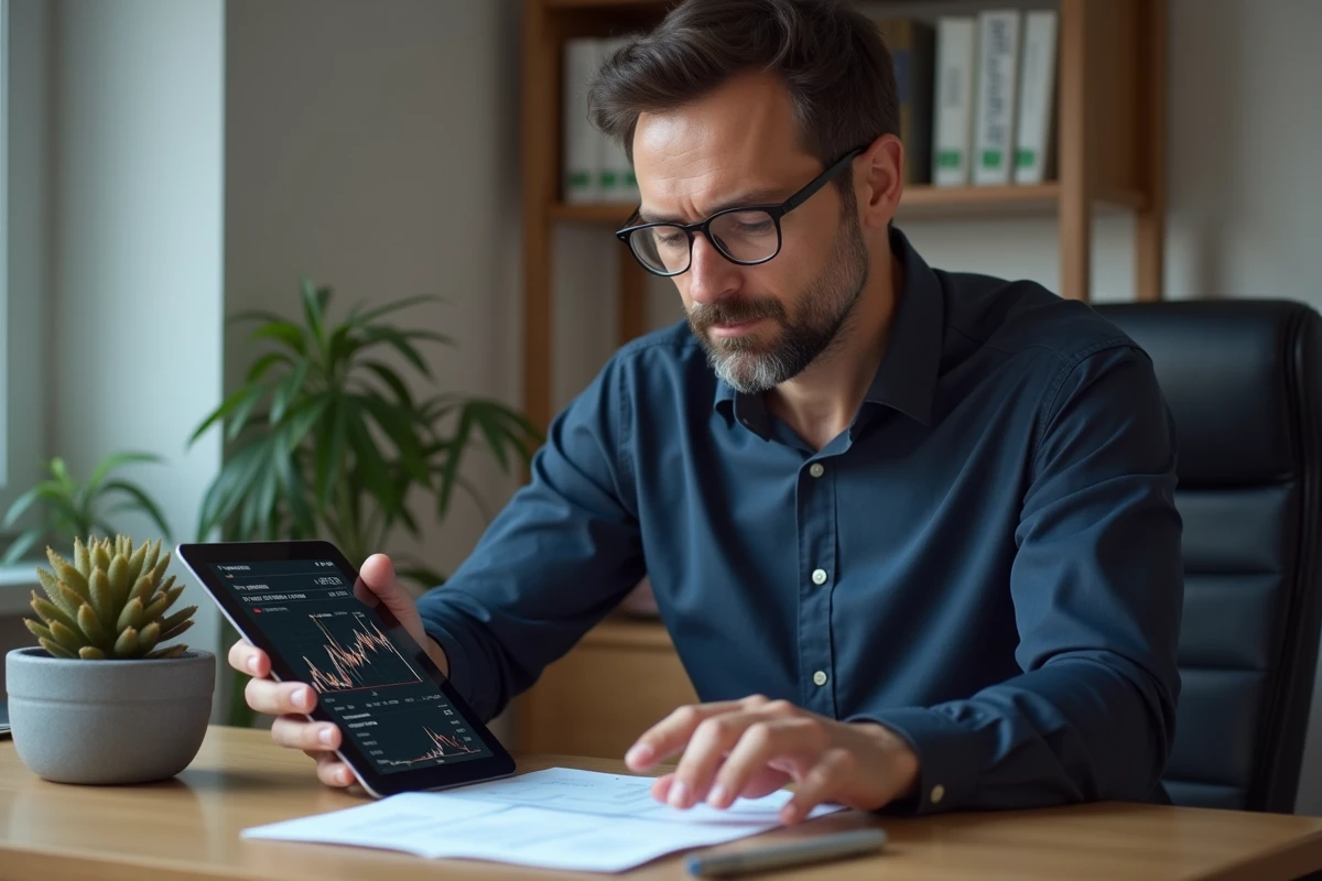 Homme analysant des graphiques d'ETF et de PER sur une tablette dans son bureau pour un investissement progressif et légal
