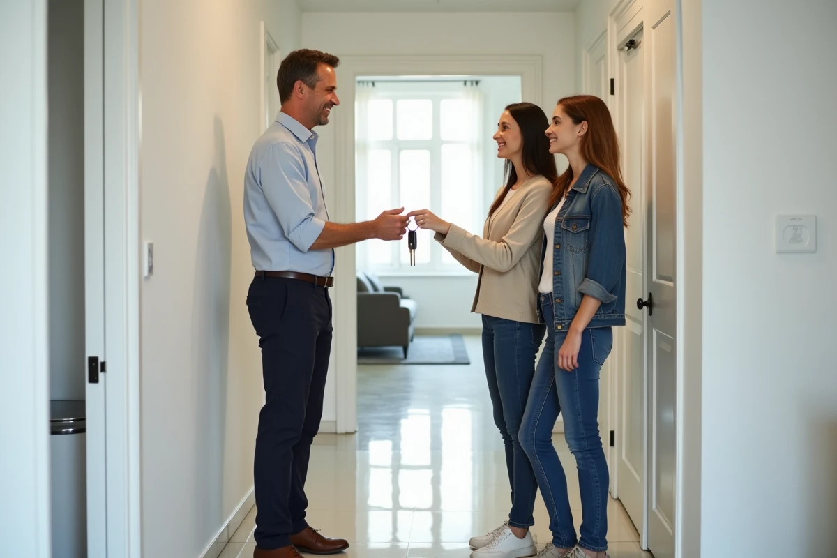 Propriétaire remettant les clés d'un appartement à un couple dans le cadre d'une location de bien entre particuliers