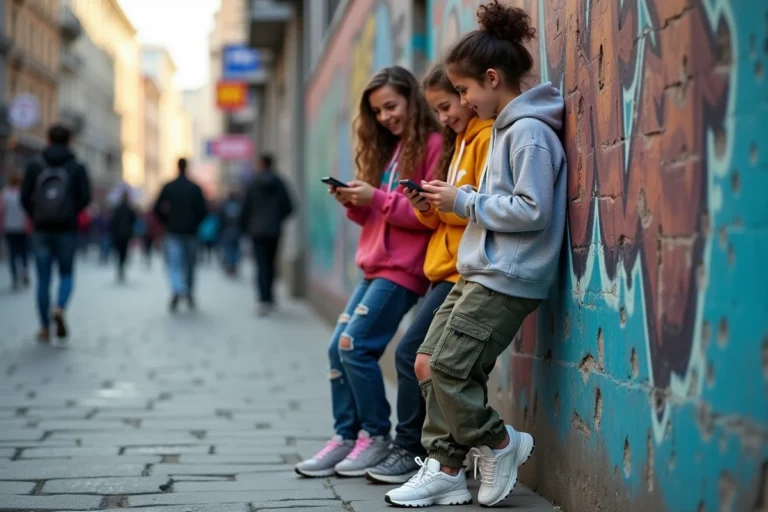 Groupe de teenagers en vêtements streetwear tendance appuyés contre un mur de graffitis en ville