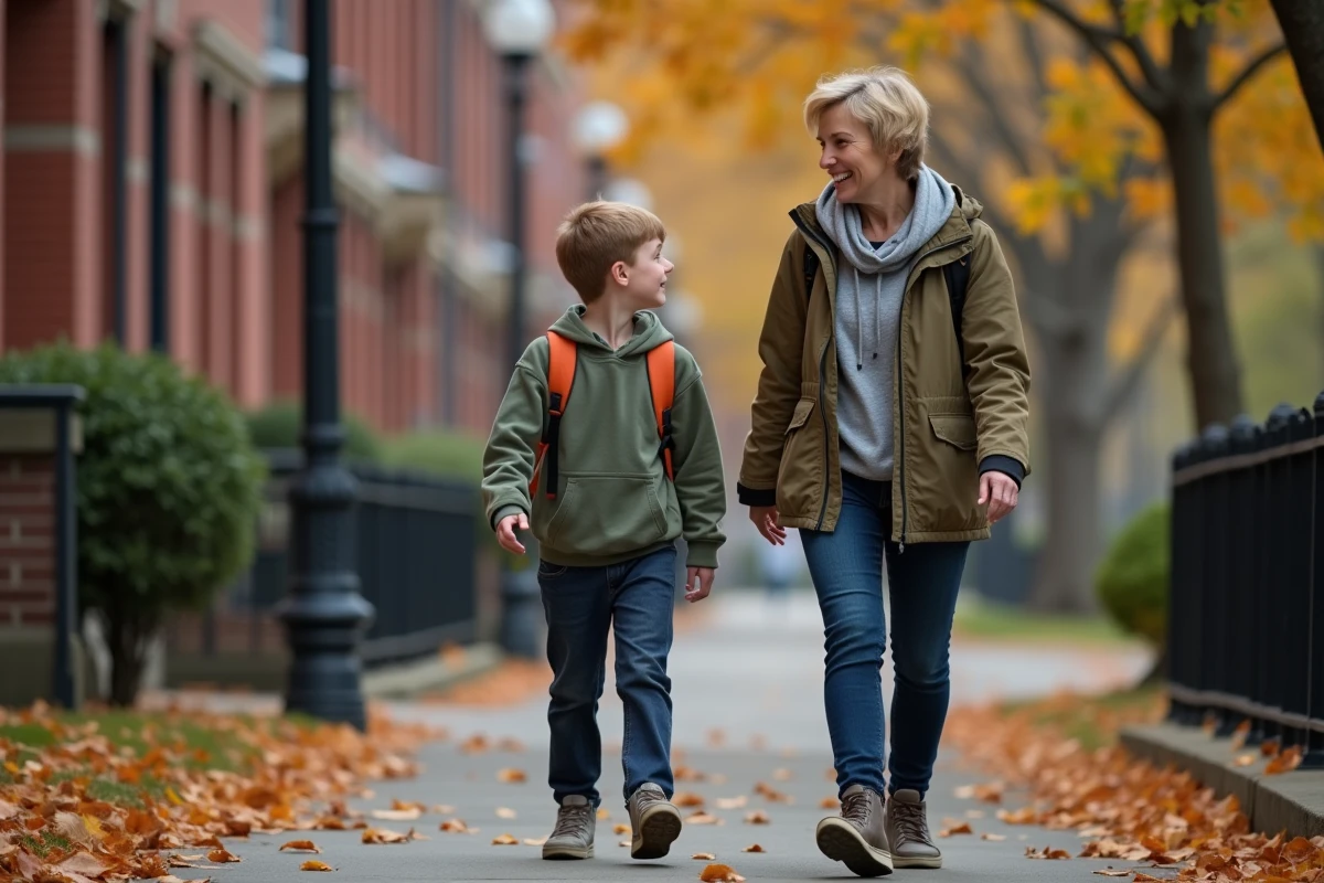 Mère et adolescent en conversation pendant une promenade sur un trottoir urbain en automne